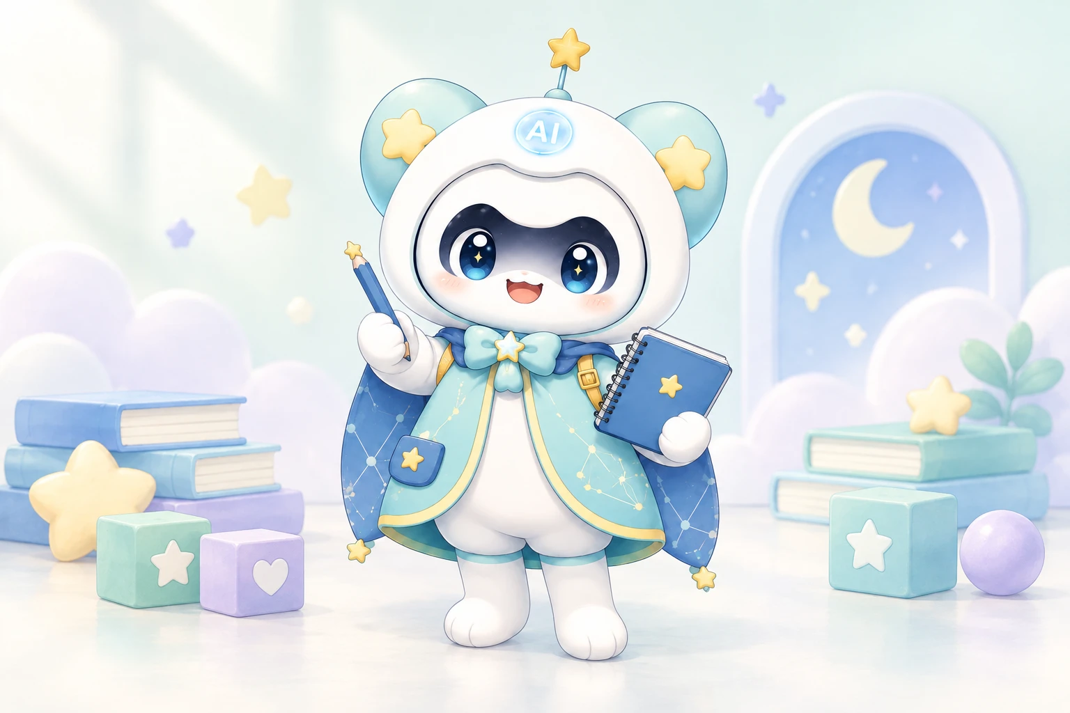 そらりんと本・鉛筆の学習イメージ